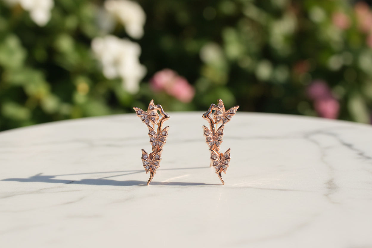 Luxury 92.5 Sterling Silver Rose Gold Butterfly Garden Drop Earrings