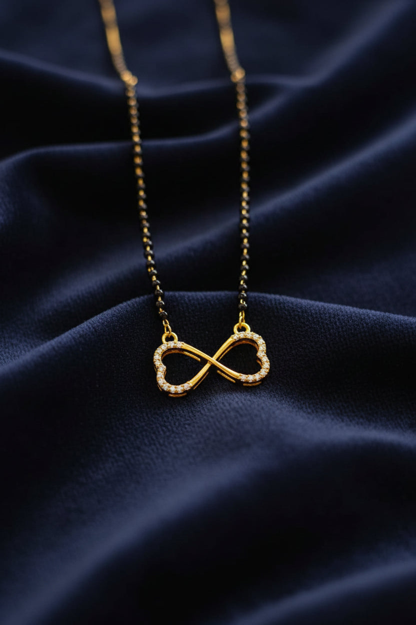 Pure 925 Silver Gold Coated Black Bead Mangalsutra with Infinity Pendant