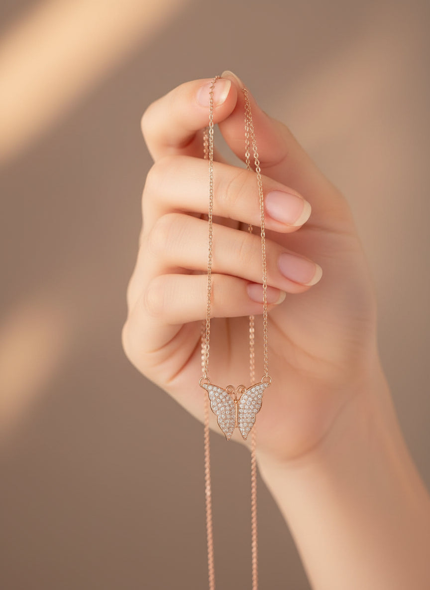 Pure Silver Rose Gold Plated Pave CZ Butterfly Minimalist Pendant Necklace