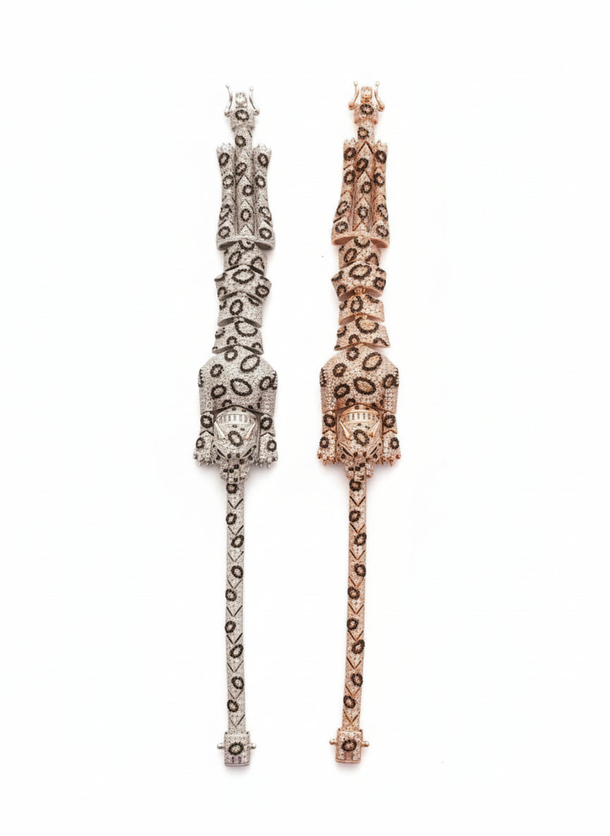 Luxury CZ Pave Cheetah Panther Head Bracelet (Rose Gold & Silver Tones)