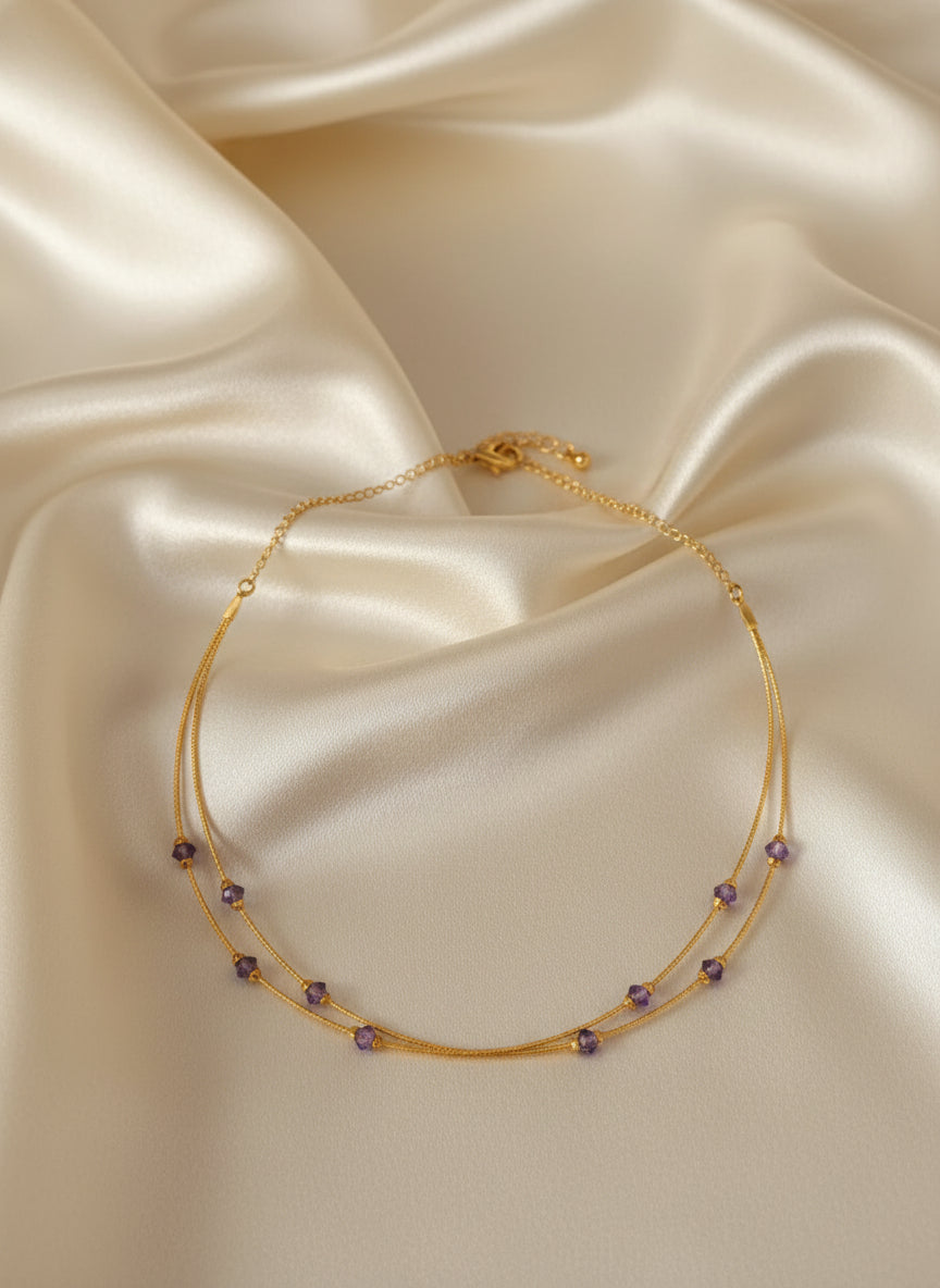 Pure Silver Choker Necklace with Amethyst Purple Crystal Beads