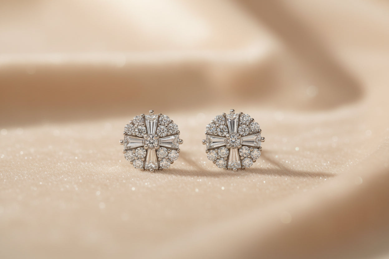 92.5 Pure Sterling Silver Geometric Floral Cross Stud