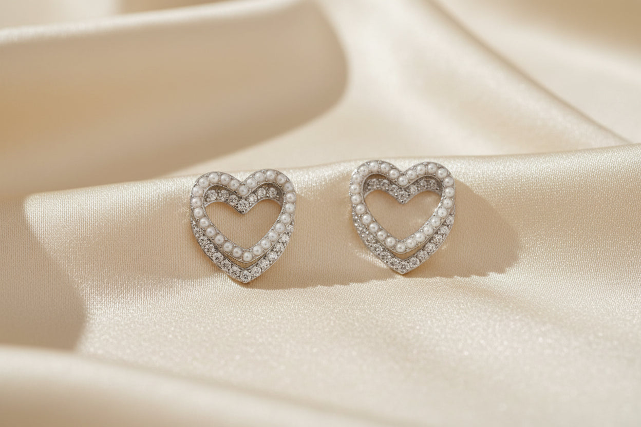 Sterling Silver 92.5 Double Heart Pearl Studs