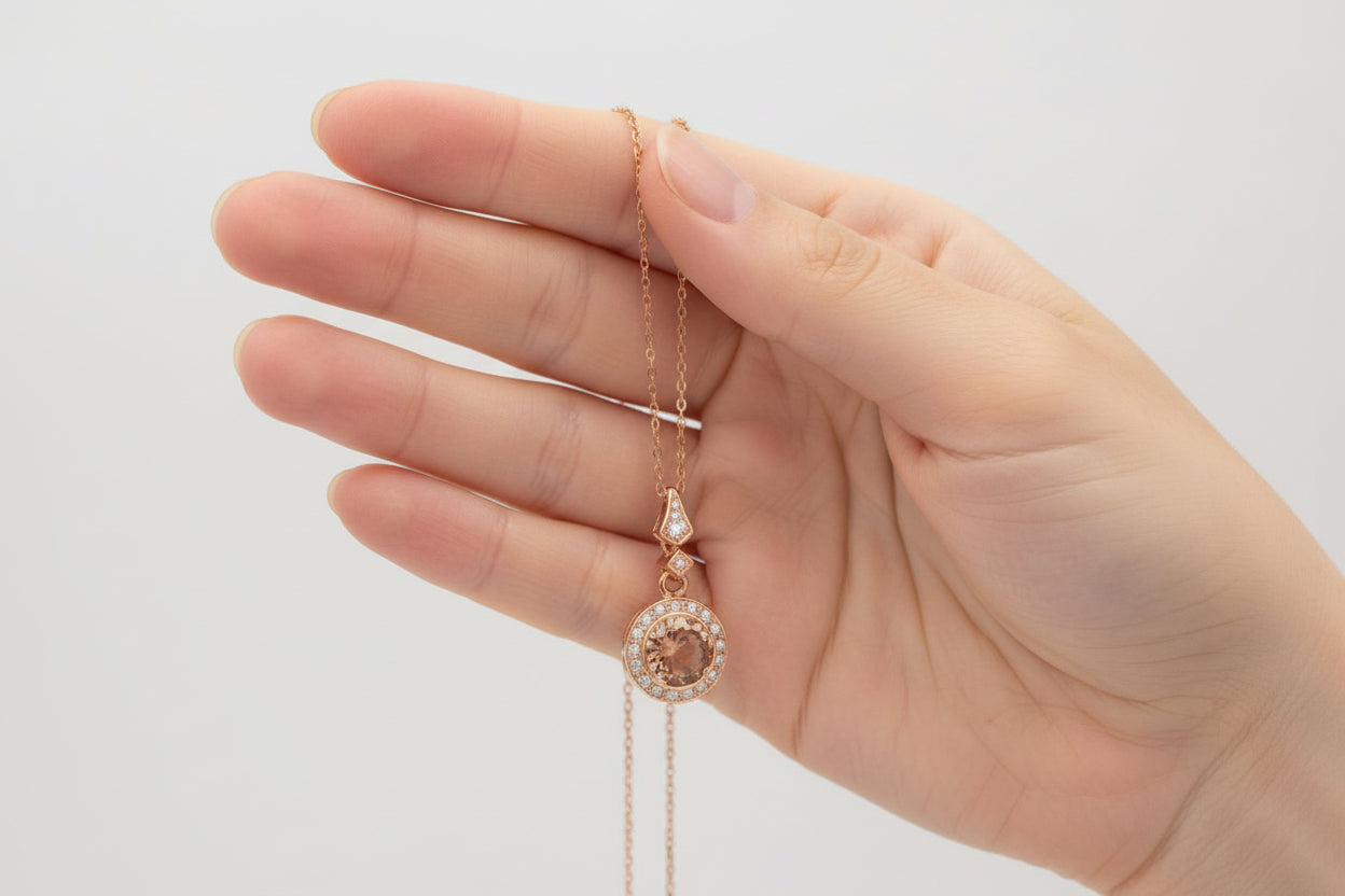92.5 Sterling Silver Rose Gold Halo Pendant Chain