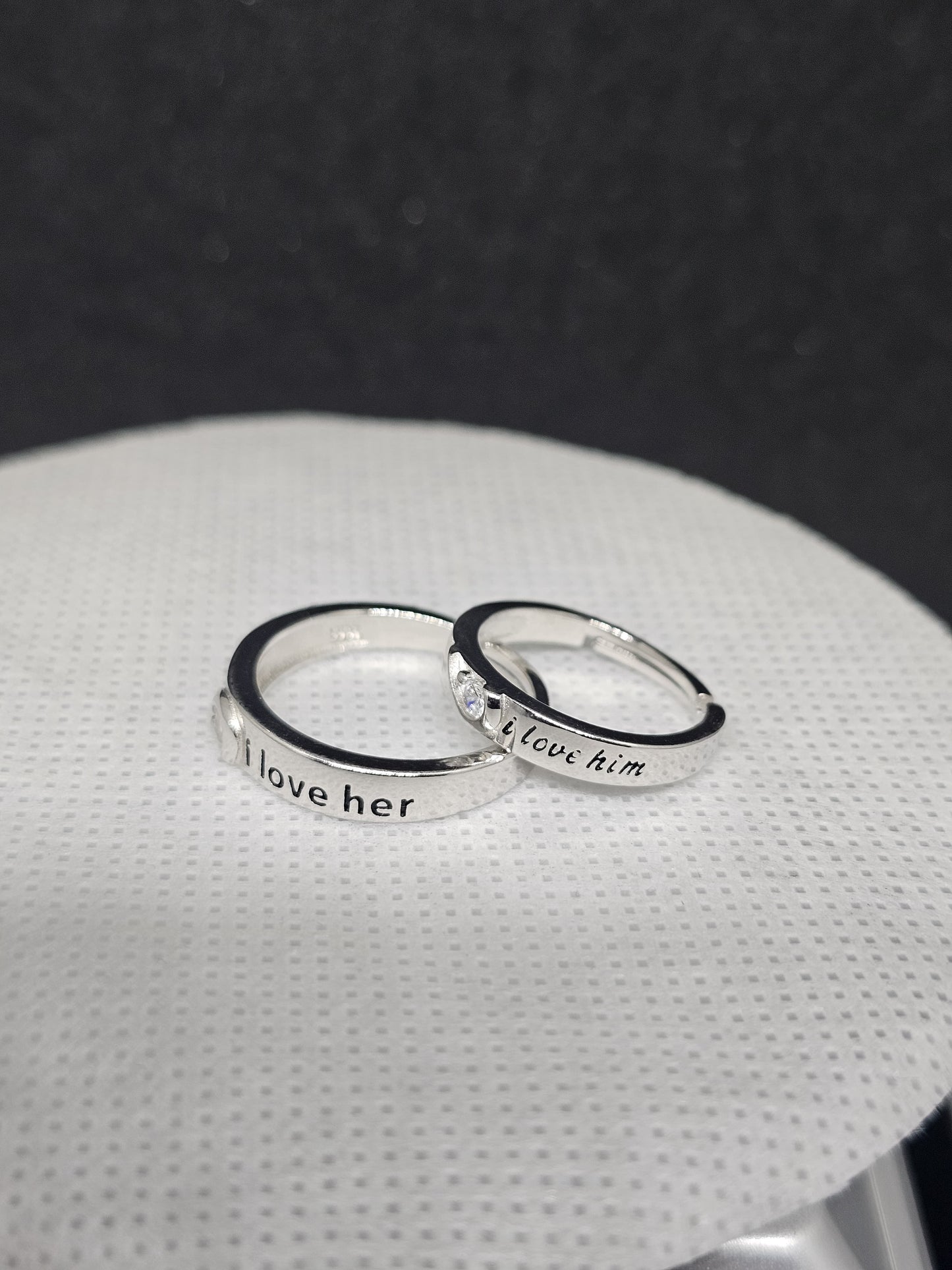 His & Hers Pure Silver Hug Ring – "I Love Him" & "I Love Her" with White Stone