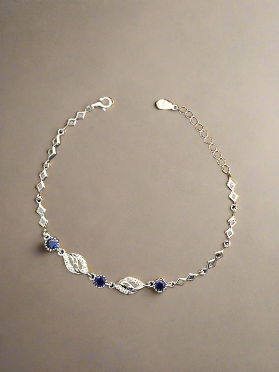 Dainty Sterling Silver Bracelet with Sapphire Accents & Diamond-Cut Links for Women