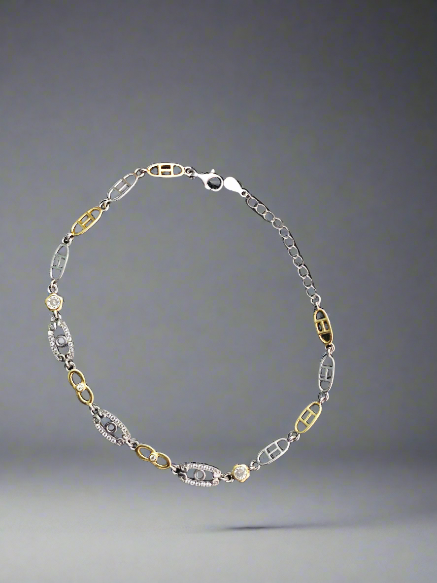 Elegant Sterling Silver & Gold-Tone Chain Bracelet Bi-Color Oval Link Bracelet with Sparkling Design