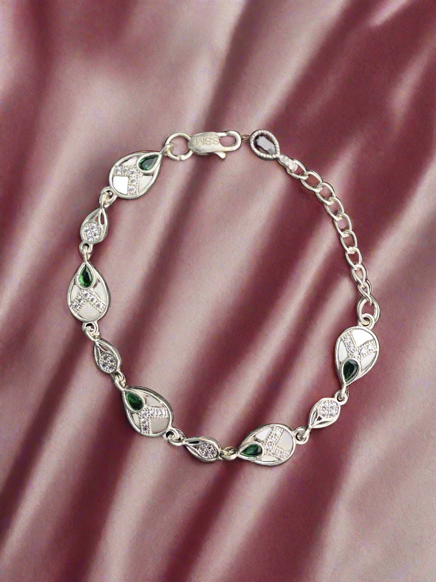 Elegant Sterling Silver Bracelet with Green and White Accents