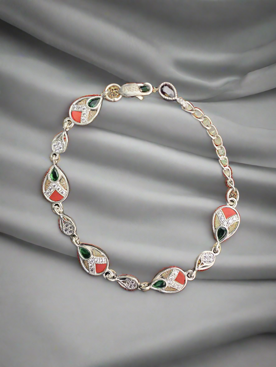 Elegant Sterling Silver Bracelet with Green and White Accents