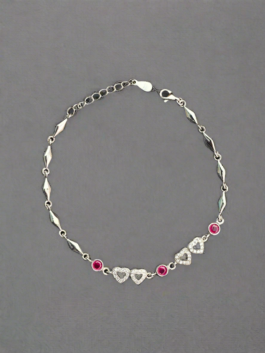 Elegent Sterling Silver Heart & Gemstone Link Bracelet For Girls