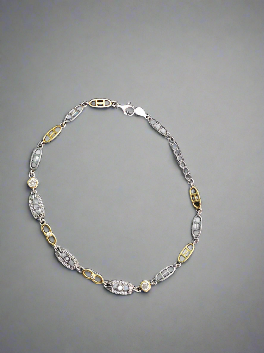 Elegant Sterling Silver & Gold-Tone Chain Bracelet Bi-Color Oval Link Bracelet with Sparkling Design