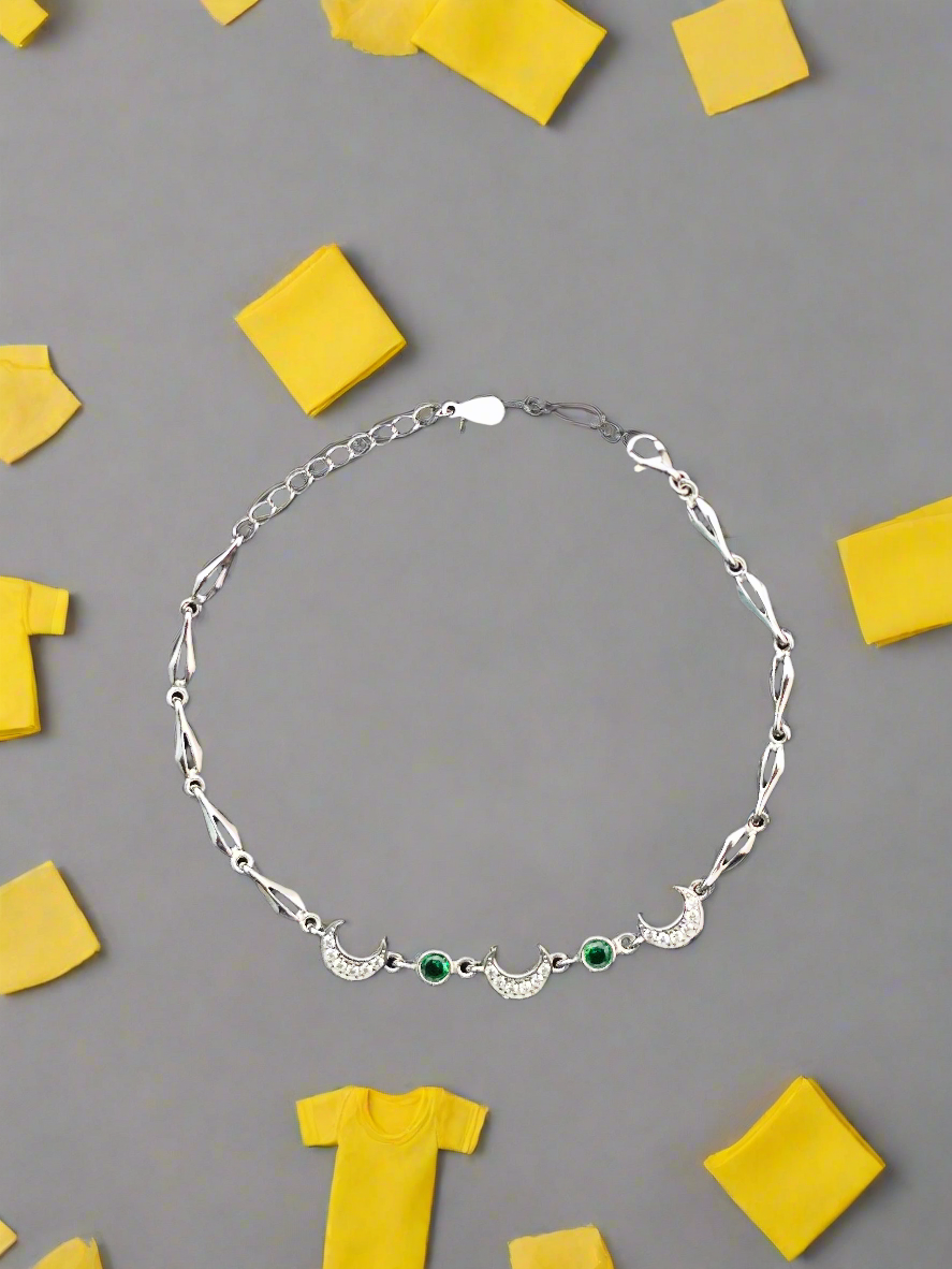 Elegant Crescent Moon & Emerald Accent Sterling Silver Bracelet for Girls