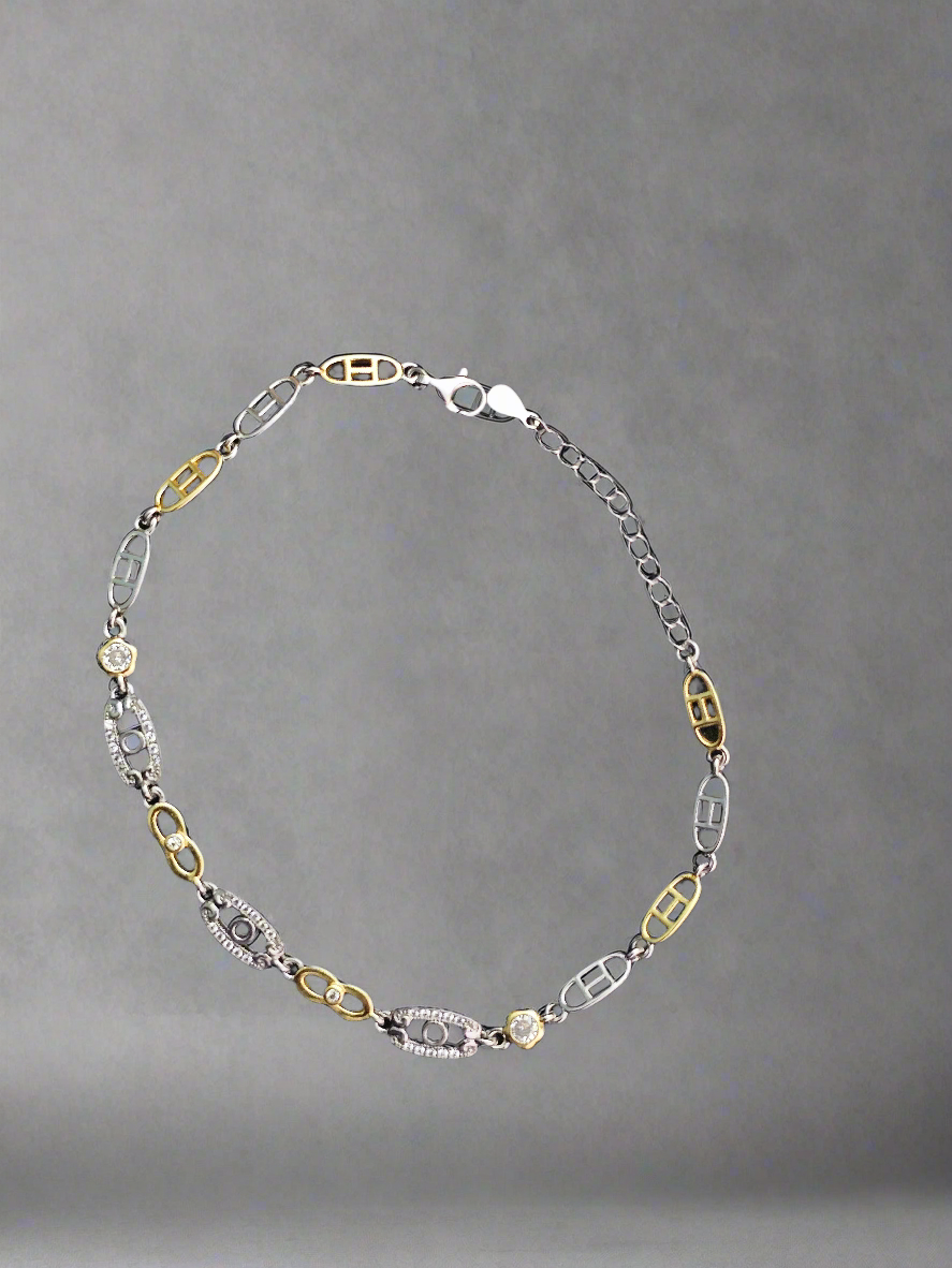 Elegant Sterling Silver & Gold-Tone Chain Bracelet Bi-Color Oval Link Bracelet with Sparkling Design