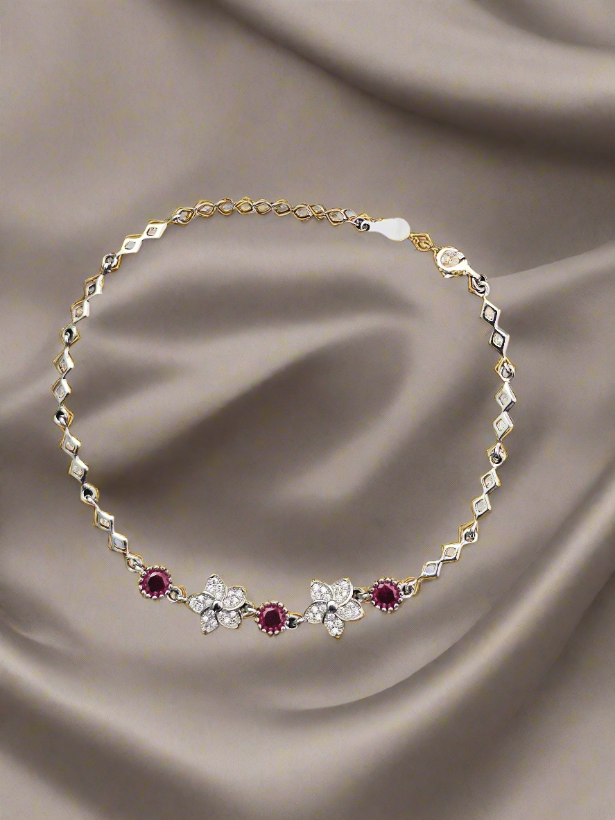 Elegant Floral & Gemstone Silver Bracelet Sparkling Ruby Accents