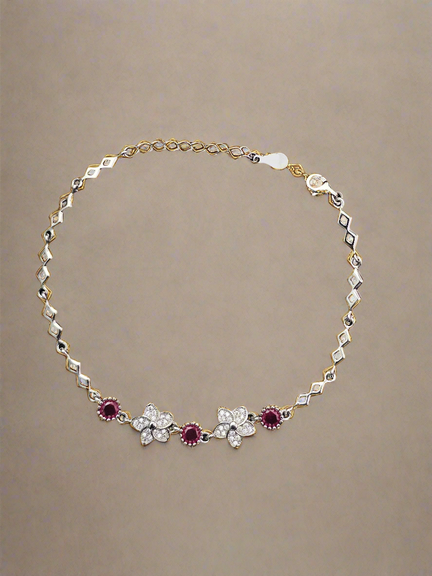 Elegant Floral & Gemstone Silver Bracelet Sparkling Ruby Accents