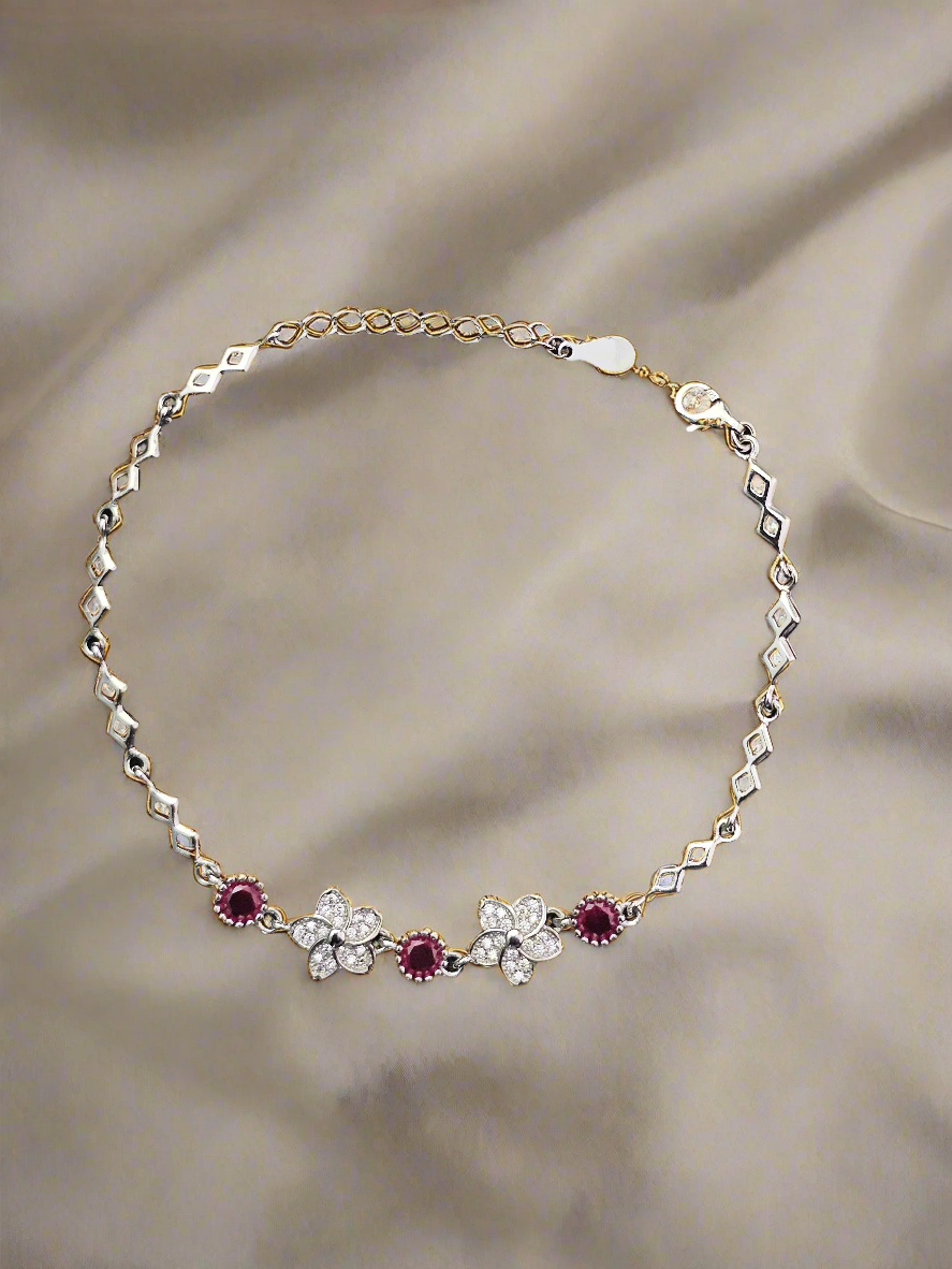 Elegant Floral & Gemstone Silver Bracelet Sparkling Ruby Accents