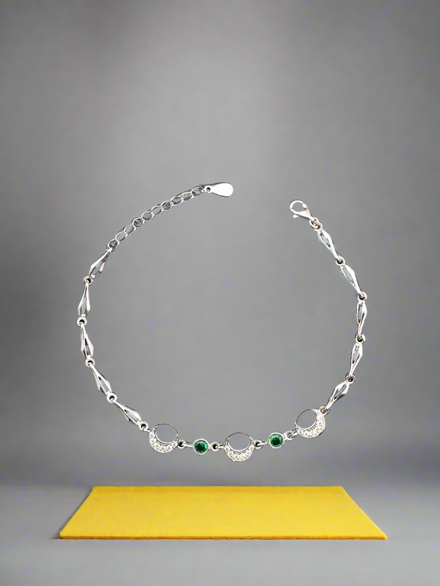 Elegant Crescent Moon & Emerald Accent Sterling Silver Bracelet for Girls