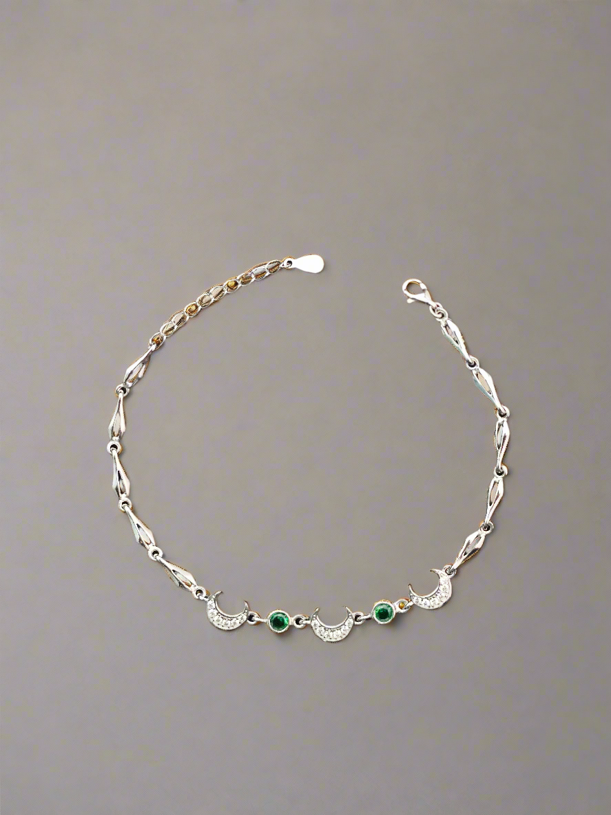 Elegant Crescent Moon & Emerald Accent Sterling Silver Bracelet for Girls