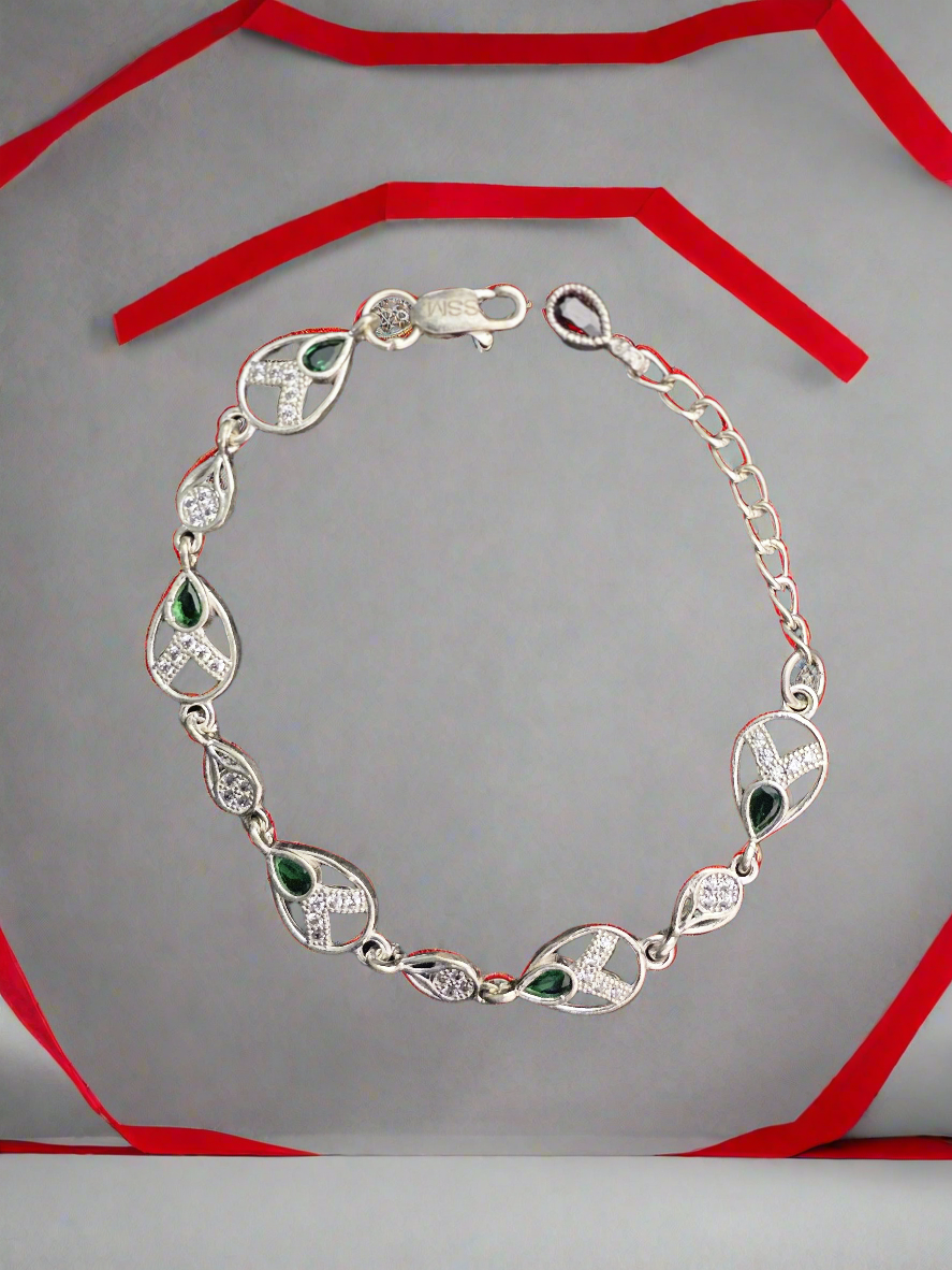 Elegant Sterling Silver Bracelet with Green and White Accents
