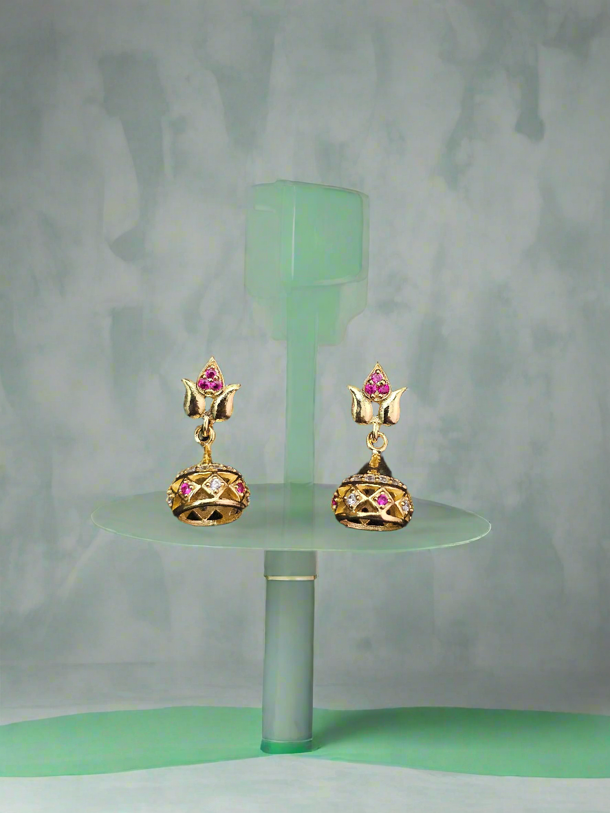 Elegant Gold-Toned Jhumka Earrings with Ruby and Cubic Zirconia Accents