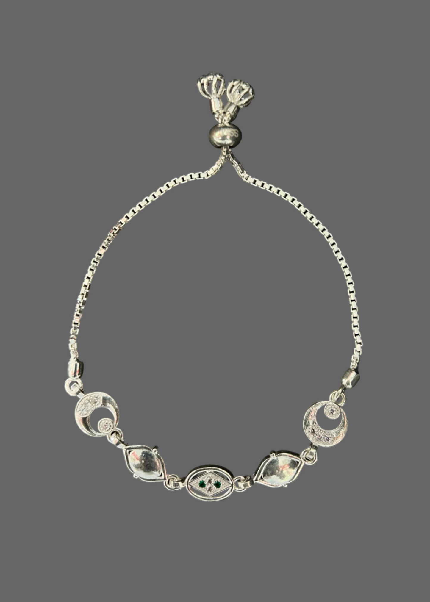 Sparkling CZ & Crescent Moon Sterling Silver Adjustable Bolo Bracelet