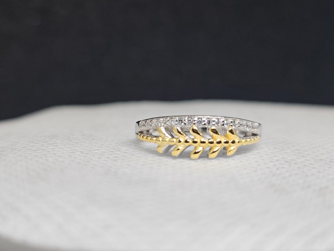 Two-Tone Silver Leaf Ring with CZ Pave