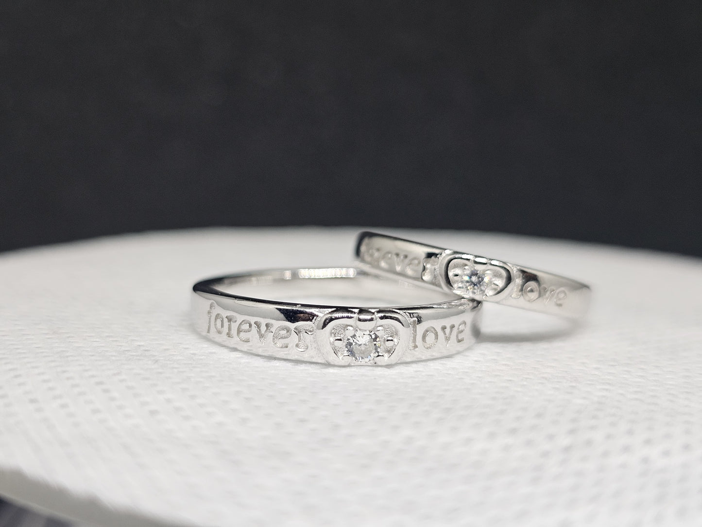 Silver Couple Rings with "Forever Love" Engraving & CZ Stones