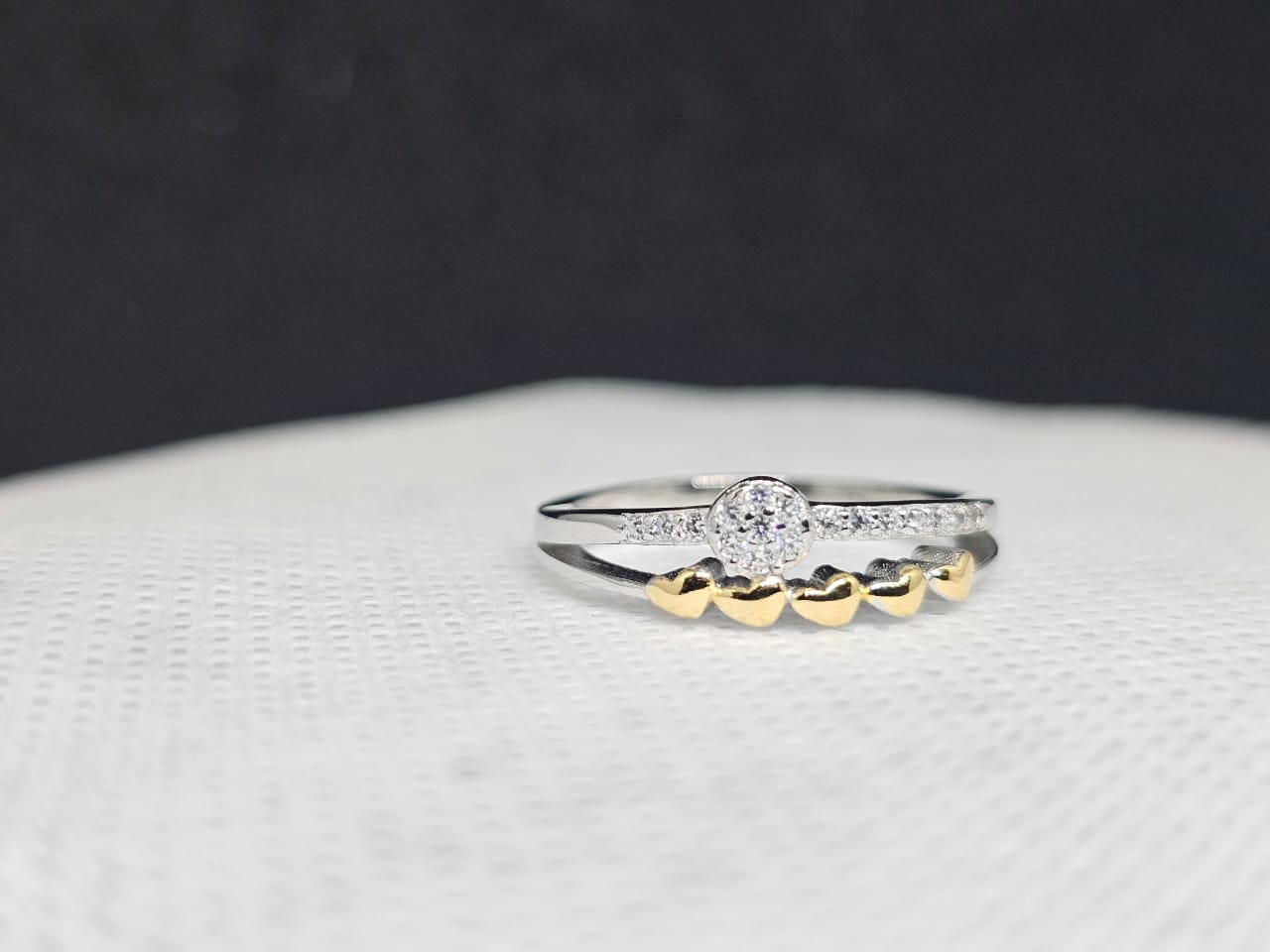 Modern Romance Stacked Silver Ring with Gold Hearts