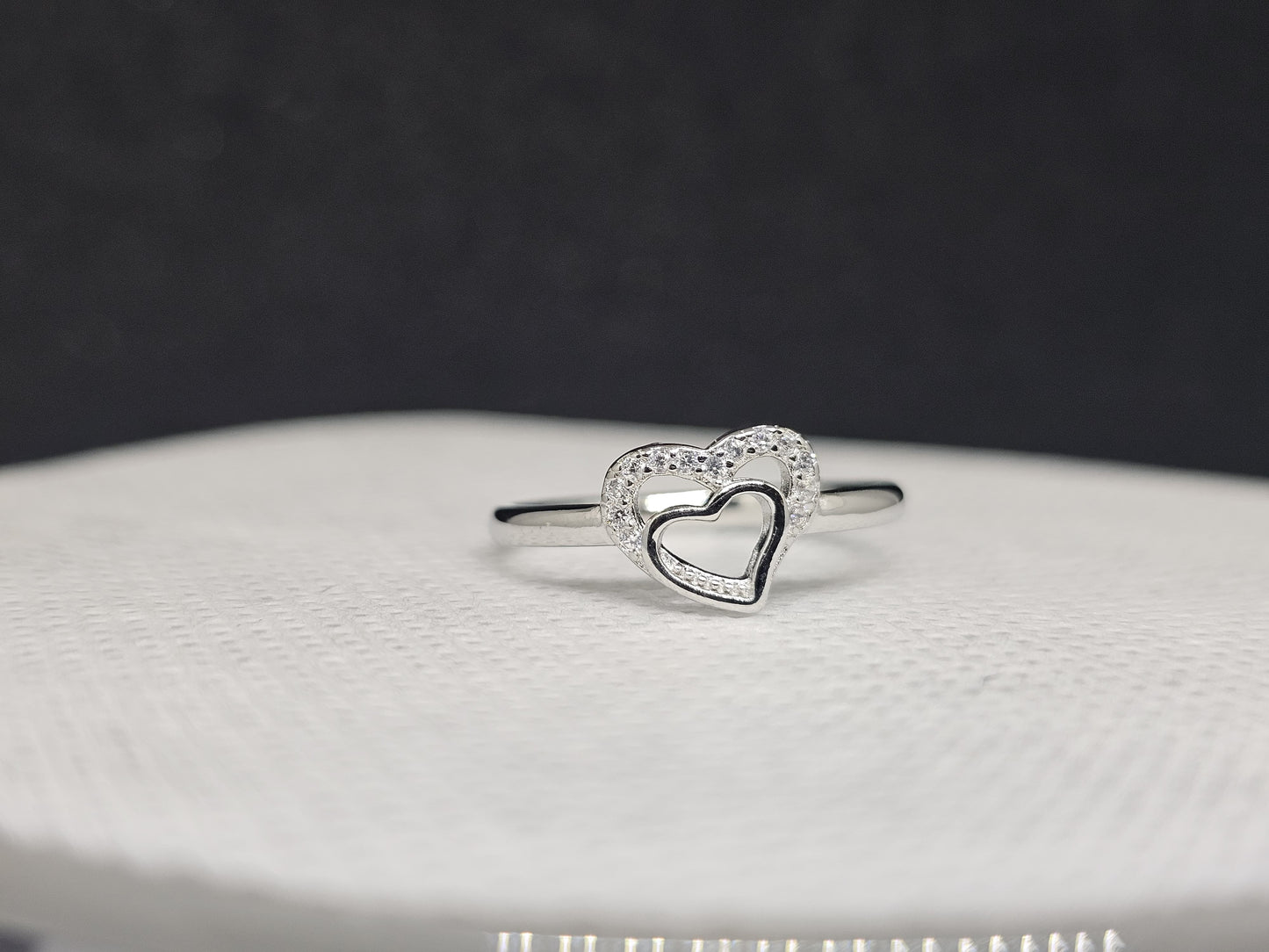 "Heart Within a Heart" Sterling Silver Ring with CZ Pave Edge