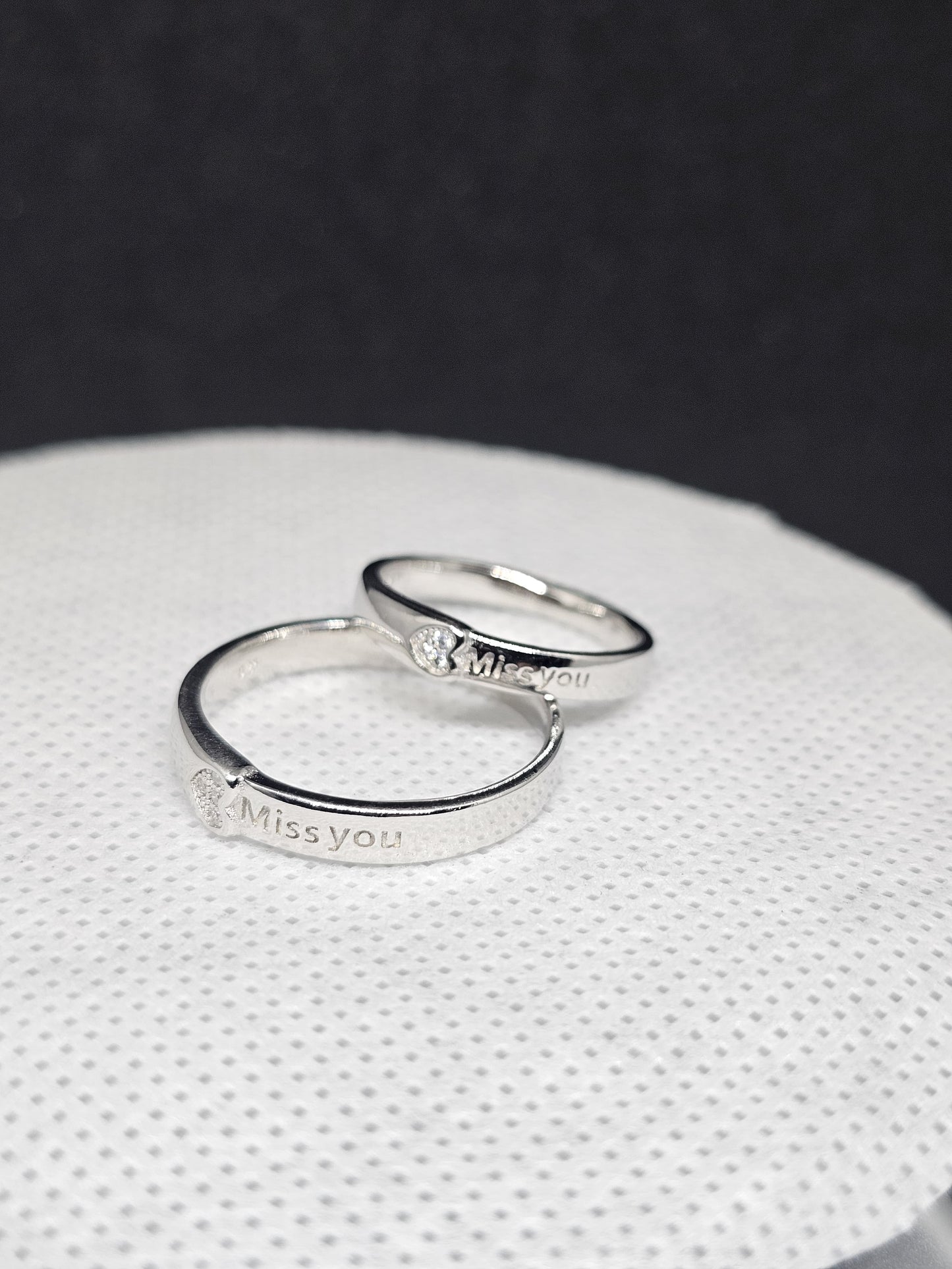 "Miss You" Engraved Silver Couple Rings with CZ Accent