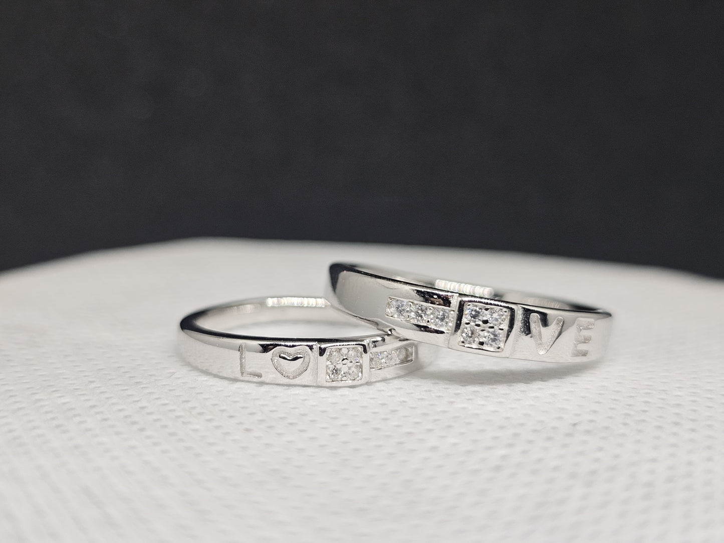 "Love" Message Silver Couple Band RIngs with CZ Detail