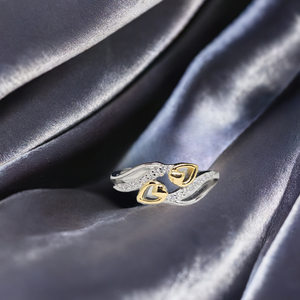 Pure Sterling Silver Bypass Ring with Gold Hearts & Crystal Accents