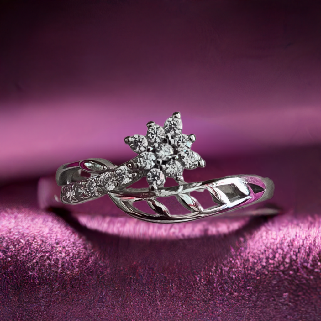 Pure Silver Flower Ring with Shiny White Stones
