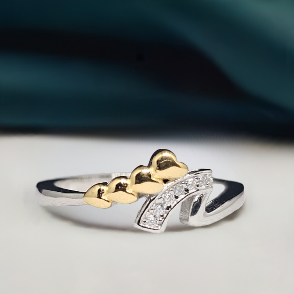 Silver Ring with Gold Heart Detail & CZ Curve - Chic Asymmetrical Design