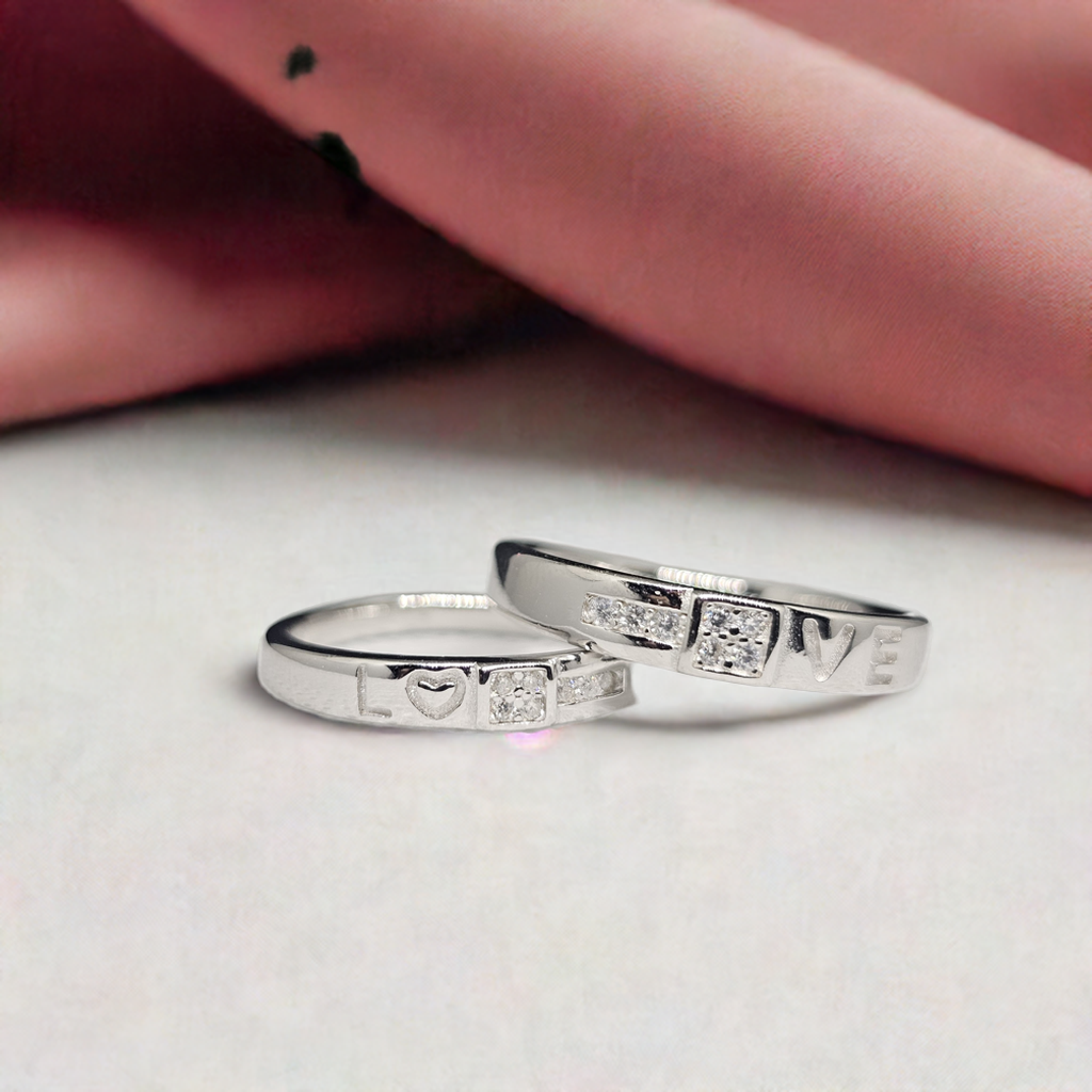 "Love" Message Silver Couple Band RIngs with CZ Detail