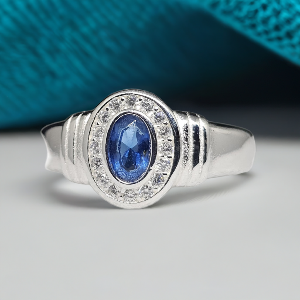 Sterling Silver Sapphire & Cubic Zirconia Halo Ring