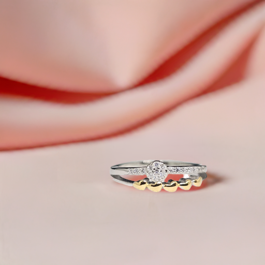 Stacked Silver Ring with Gold Hearts & CZ Detail - Modern Romance