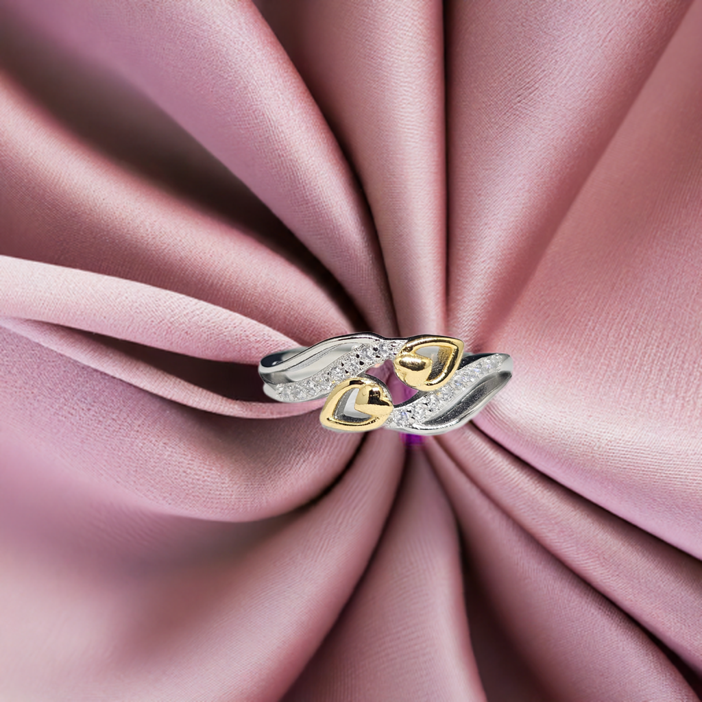 Pure Silver Women Ring with Gold Coated Hearts and White Stones - SilverCarats