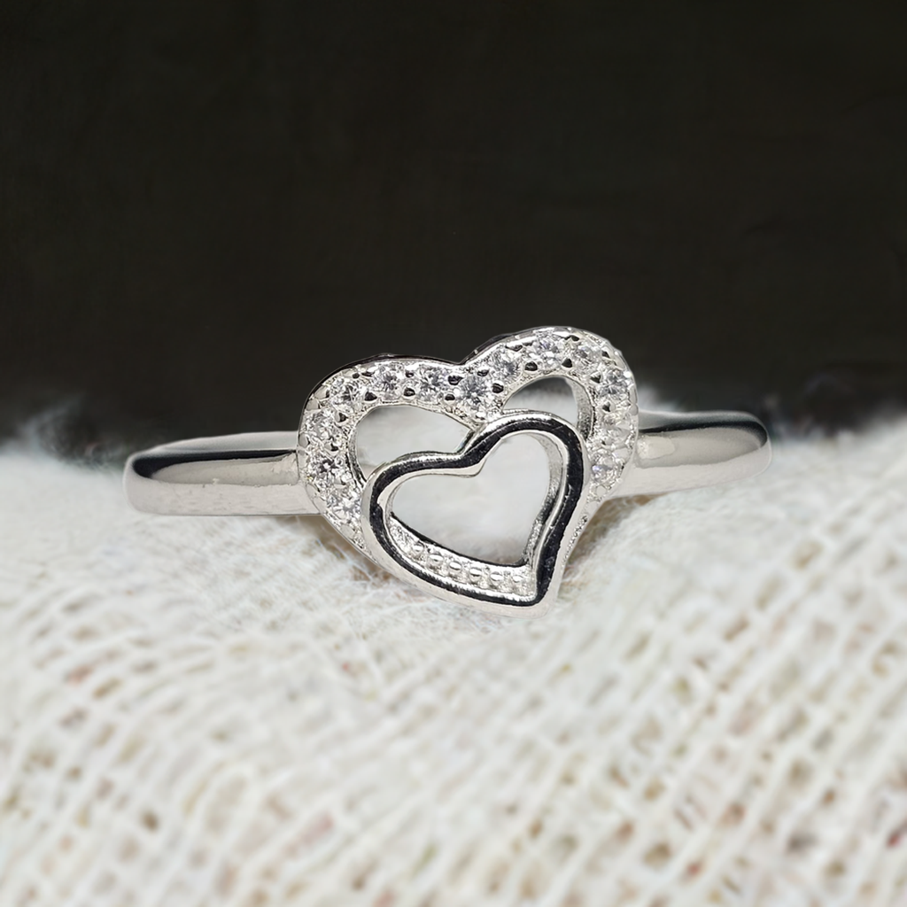 "Heart Within a Heart" Sterling Silver Ring with CZ Pave Edge