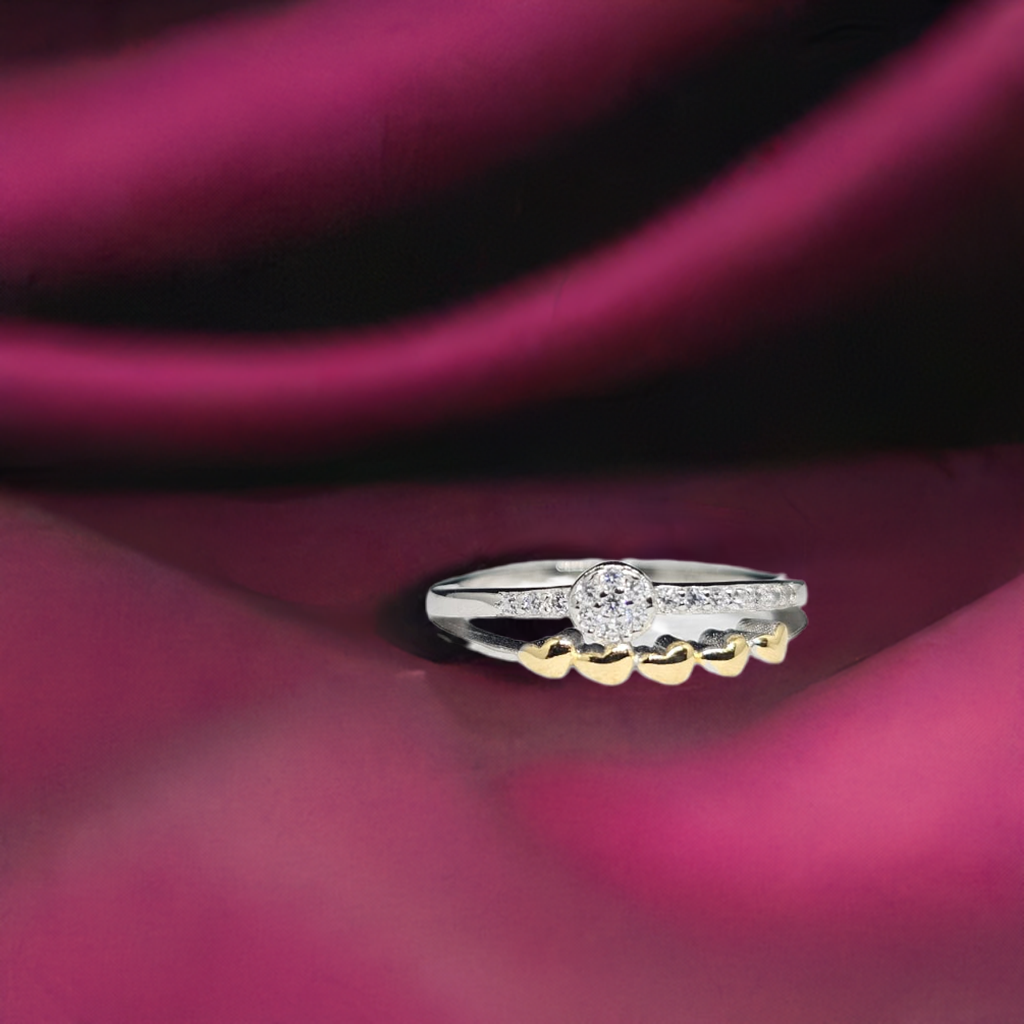 Modern Romance Stacked Silver Ring with Gold Hearts