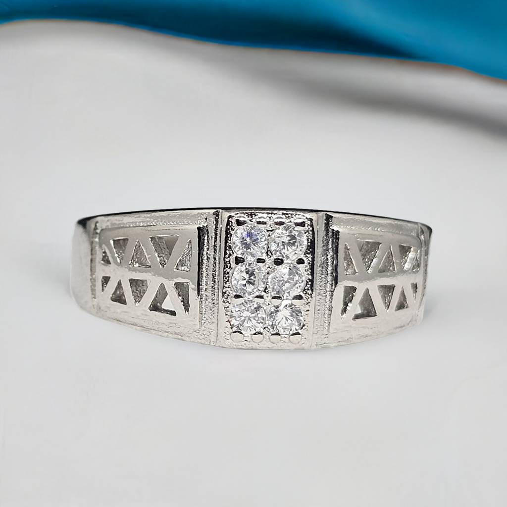 Geometric Pattern Sterling Silver Men's Ring with CZ Accents