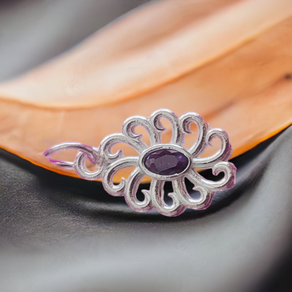Pure Silver Flower Pendant with Black CZ Stone