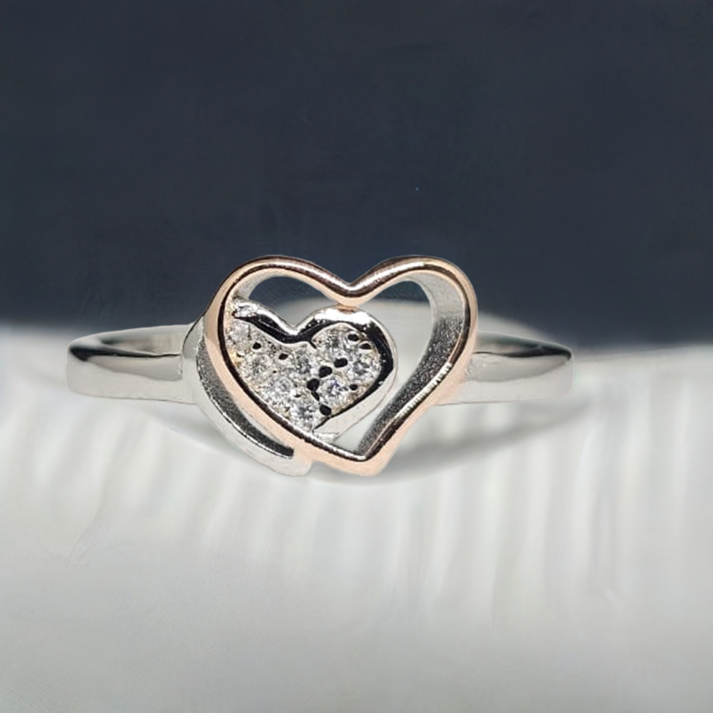 Sterling Silver & Rose Gold Double Heart Ring with CZ Sparkle