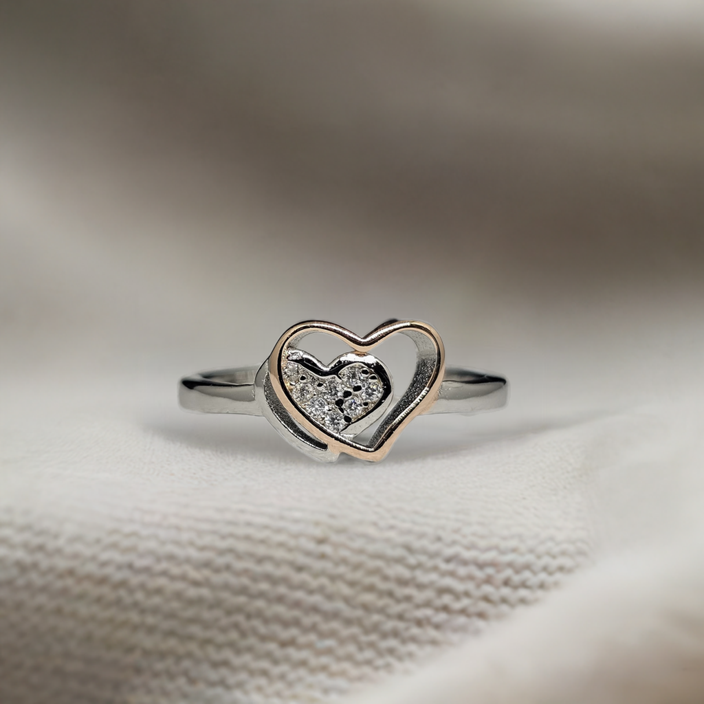 Pure Silver Couple Heart Ring with Gold Coating