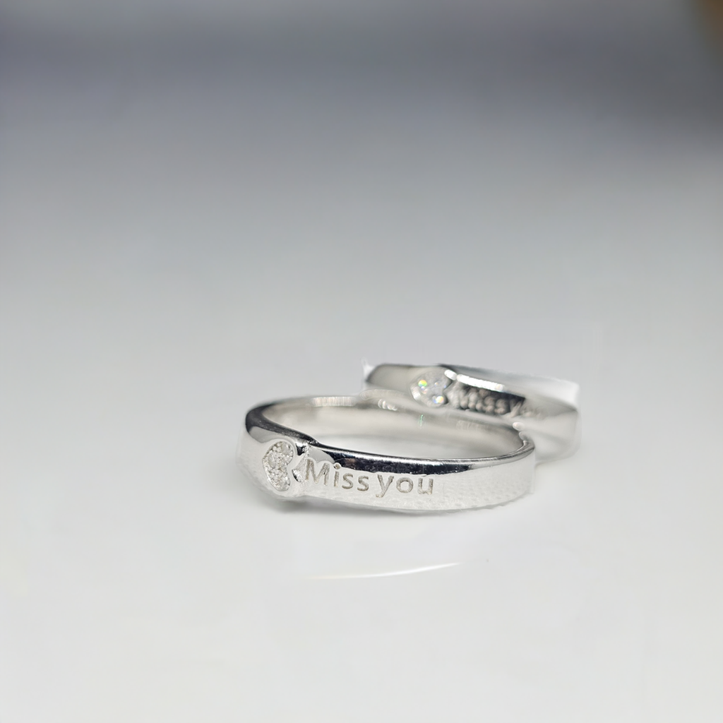 "Miss You" Engraved Silver Couple Rings with CZ Accent