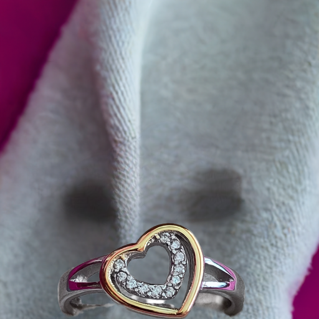 Pure Silver Couple Heart Ring with White Stones