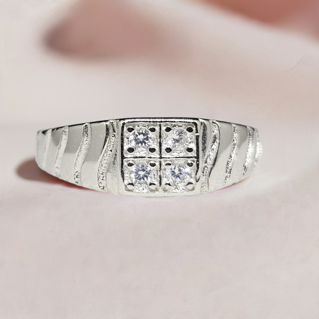 Bold Silver Unisex Band Ring with Geometric CZ Setting