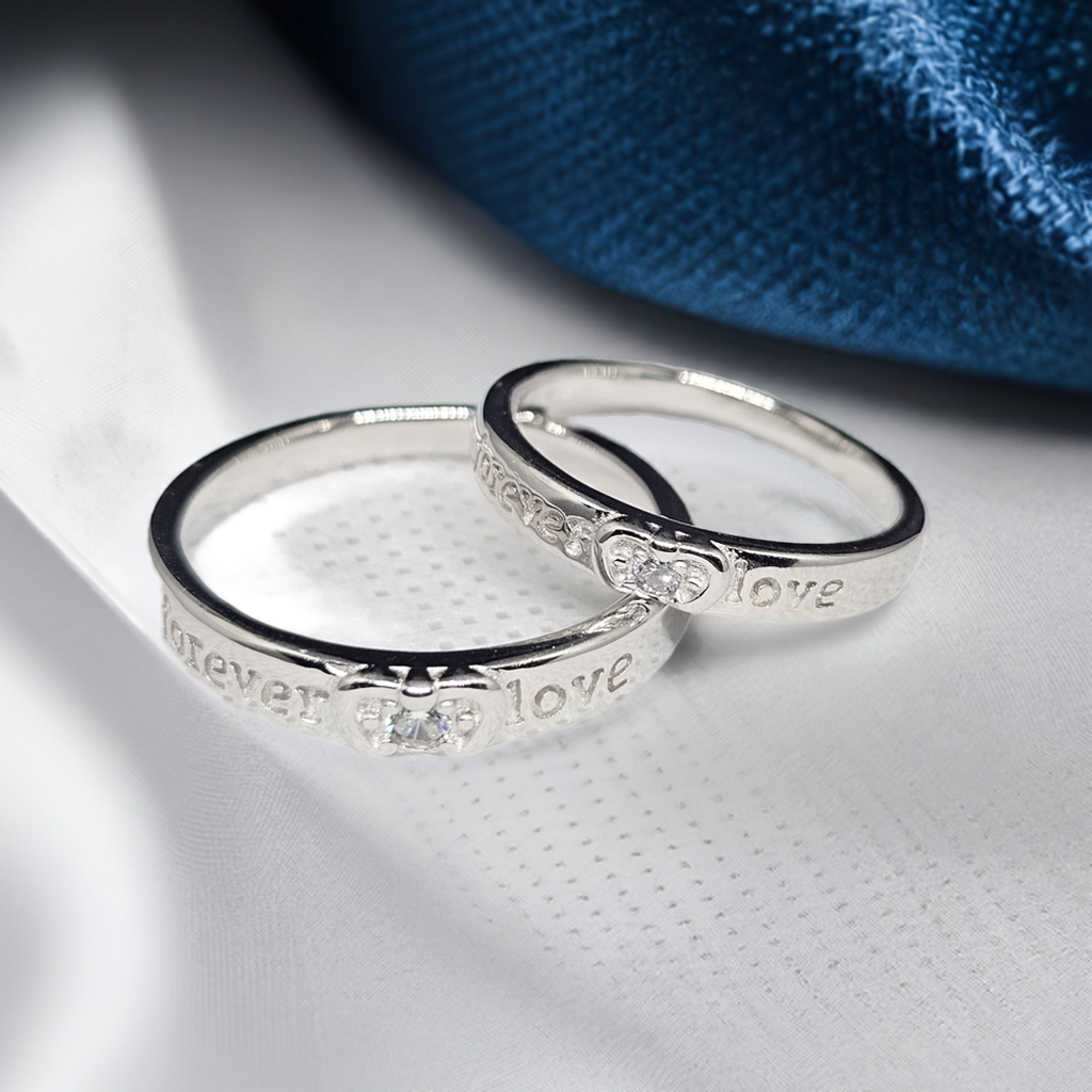 Silver Couple Rings with "Forever Love" Engraving & CZ Stones