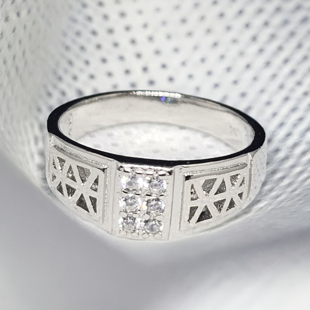 Geometric Pattern Sterling Silver Men's Ring with CZ Accents