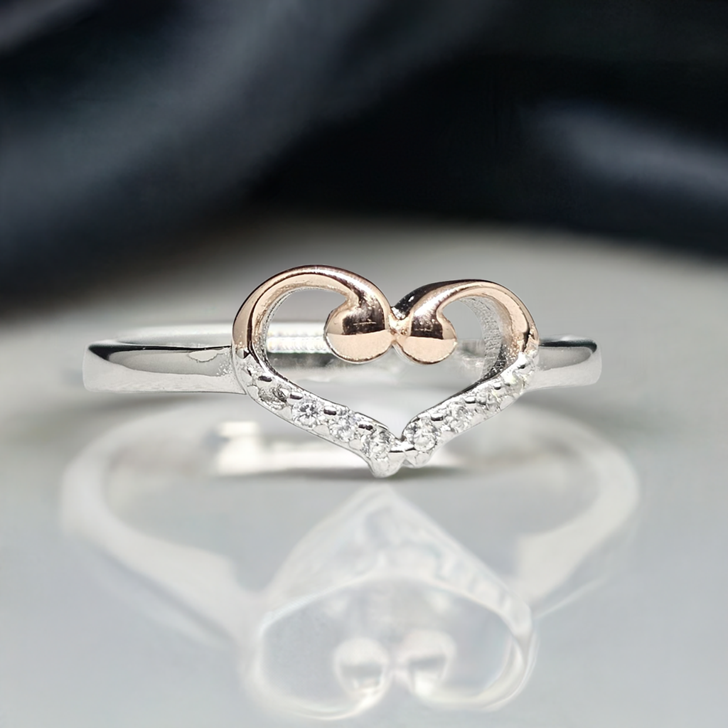Love Loop" Silver Ring with Rose Gold Heart & CZ Stones